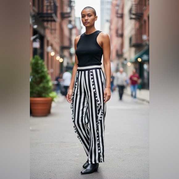 Artelier Nicole Miller Pants - Black & White Vertical Stripe Wide-Leg Pants